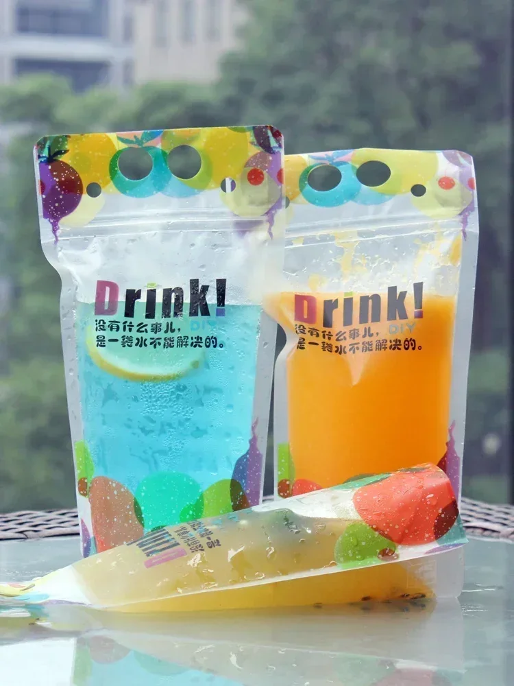 100pcs Beverage Bags Disposable Transparent Straw Self-supporting Bag Fruit Juice Milk Tea Takeout Zipper Portable Packaging Bag