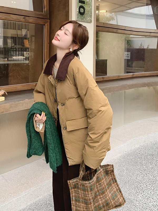 레트로 한국 스타일 컬러 블록 다운 재킷 여성용 겨울 흰색 다운 코트 따뜻하고 멋스러운 스트레이트 컷