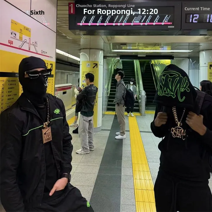 

Fashionable Autumnal Outfit with Collar Black Fabric Green Leather Tag Casual Long Pants Set Versatile Zipper Closure Long Sl...