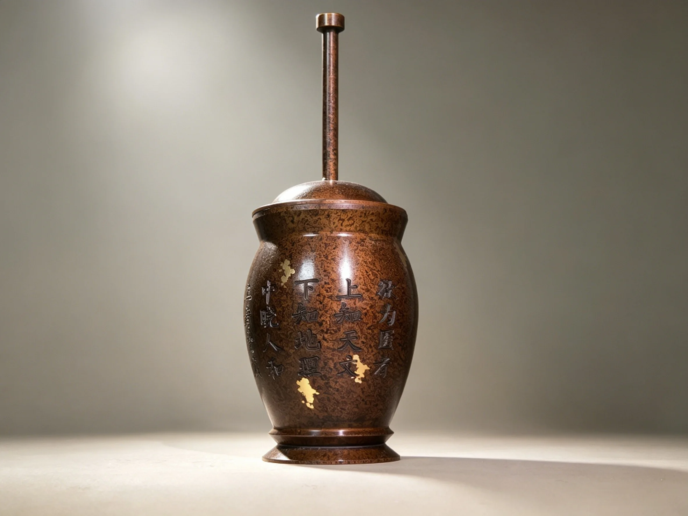 Large Vintage Chinese Medicine Mortar with Spotted Copper and Gold Inlay, Practical Desktop Decor & Cultural Ornament for TCM Ph