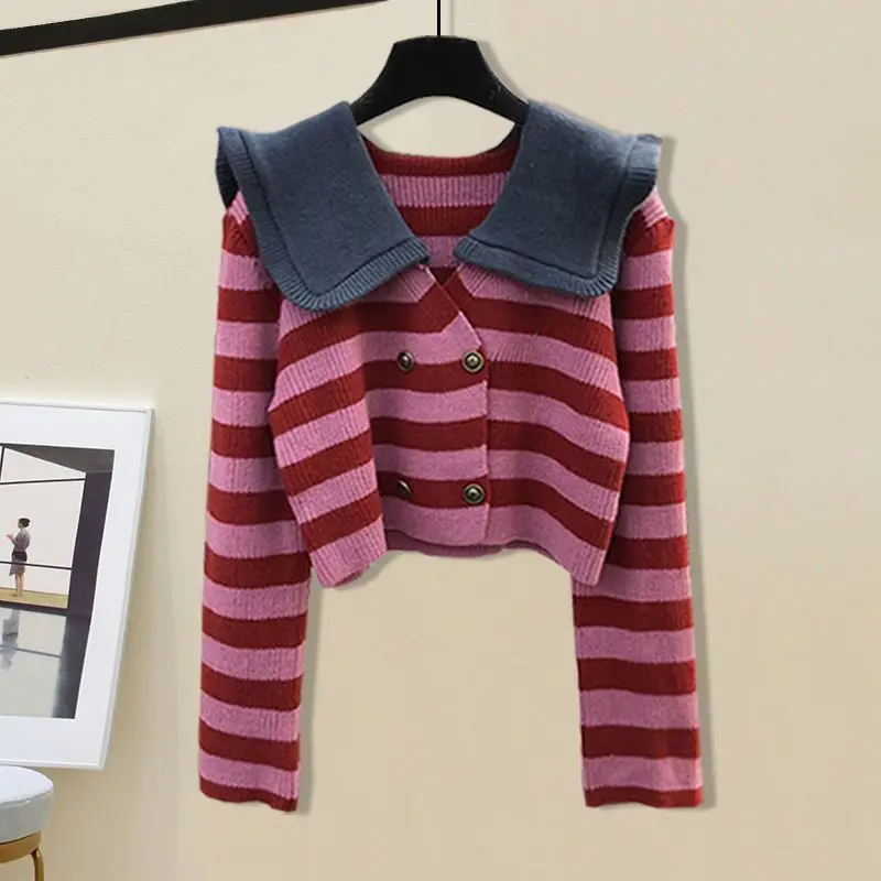 Autumn Winter Casual Outfits For Women's Fashion Retro Slim Doll Neck Striped Sweater High Waist Half Skirt Two Piece Set