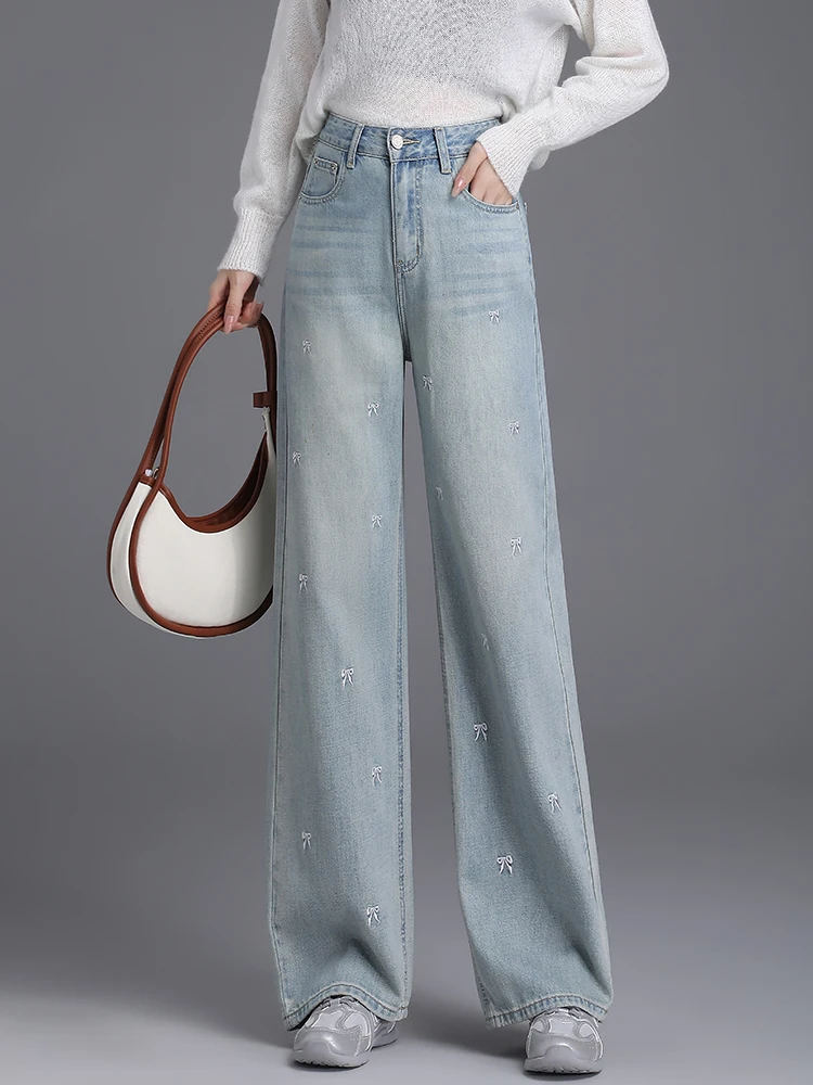 

Elegant High Waist Wide Leg Denim Pants Women's Spring Autumn 2026 New Loose Slimming Knot Embroidery Straight Leg ...