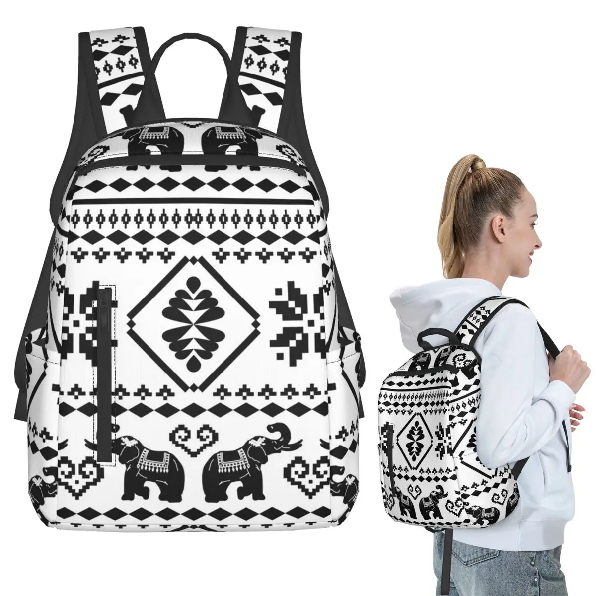 Black White Ethnic Elephant Totem Backpack Student BookBag Kids School Bag Computer Shoulder Bags Boys Girls