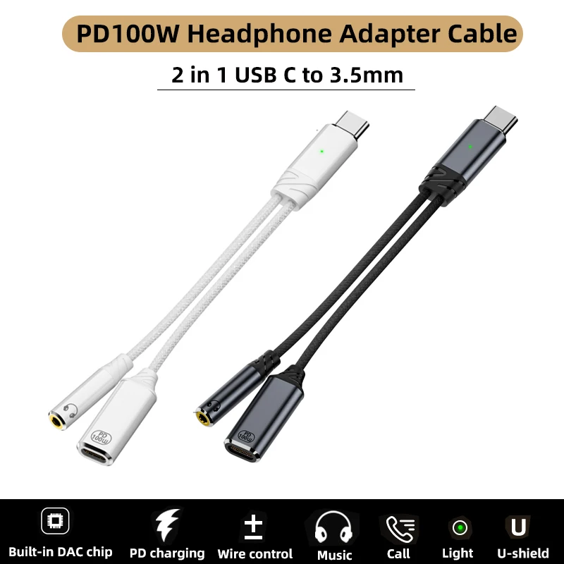 Type C to 3.5mm AUX Cable 2 in 1 USB C to 3.5mm Headphone Adapter Audio Cable for Huawei P40 Xiaomi 10 9 Earphone Jack Adapter