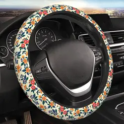 Ditsy Floral Steering Wheel Cover Auto Parts Pretty Yellow and Orange Flowers Fashion Beige Neoprene Automobile Interior