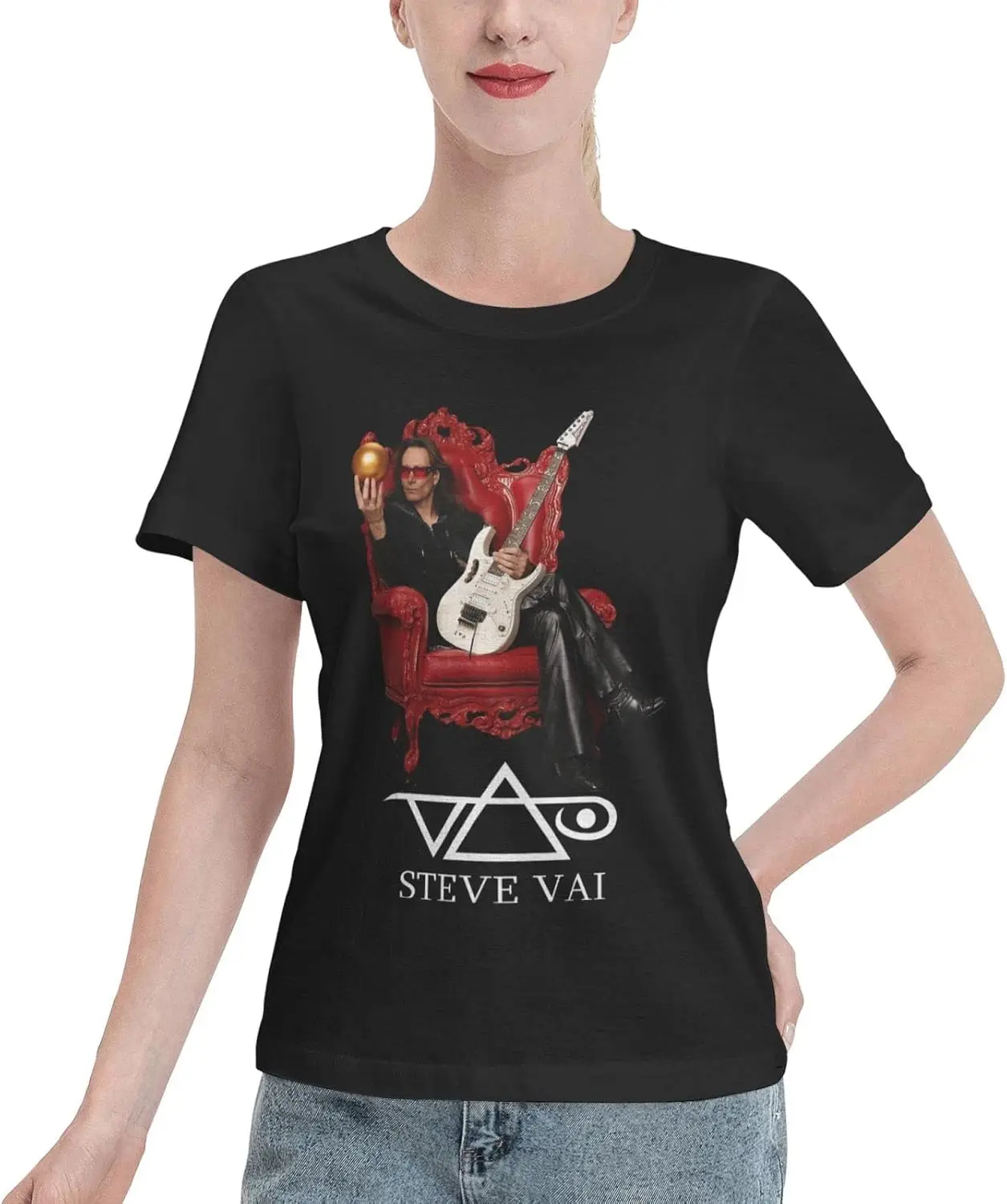 تي شيرت Steve American Vai Rock تي شيرت نسائي صيفي من القطن بأكمام قصيرة ورقبة دائرية