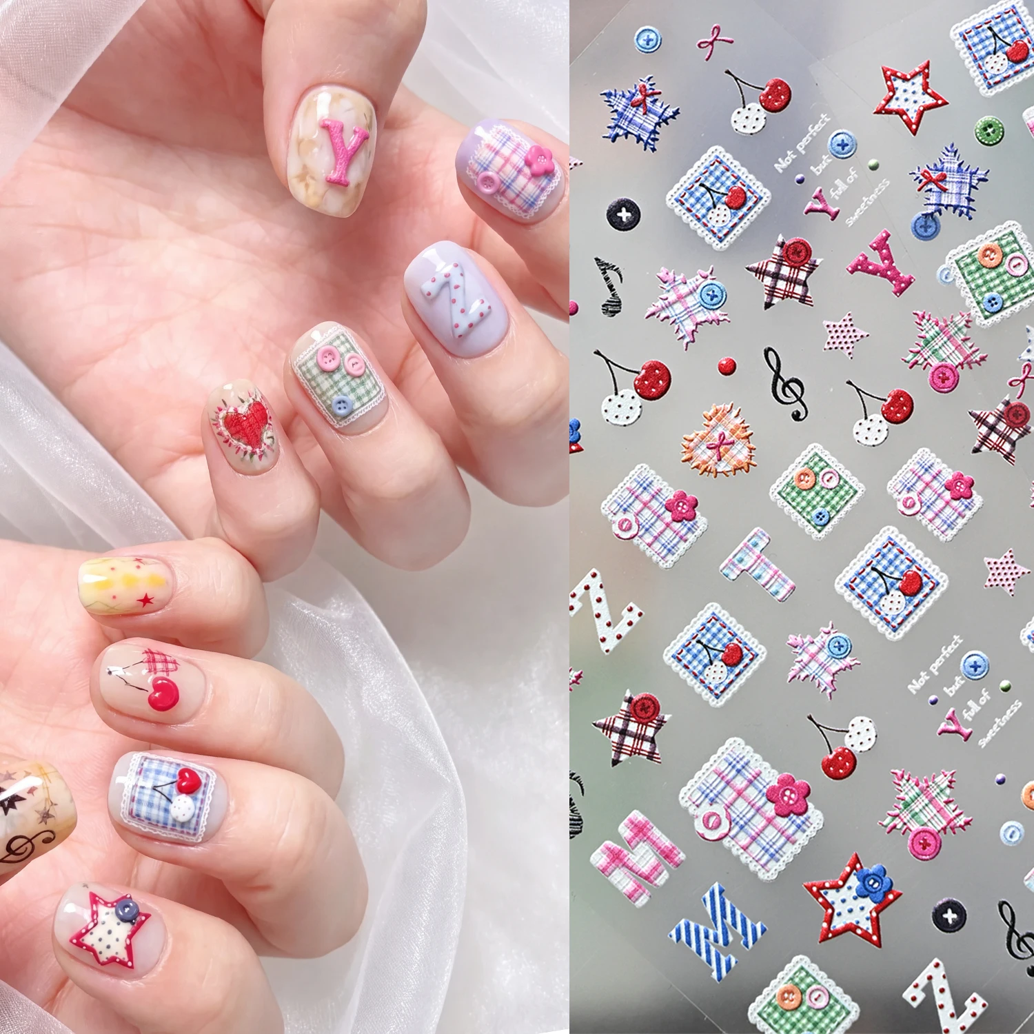 5D Colorful Grid Star Cherry Nail Sticker Kawaii Heart Pentagram Letter Self-Adhesive Decals Macaron Button Manicure Sliders