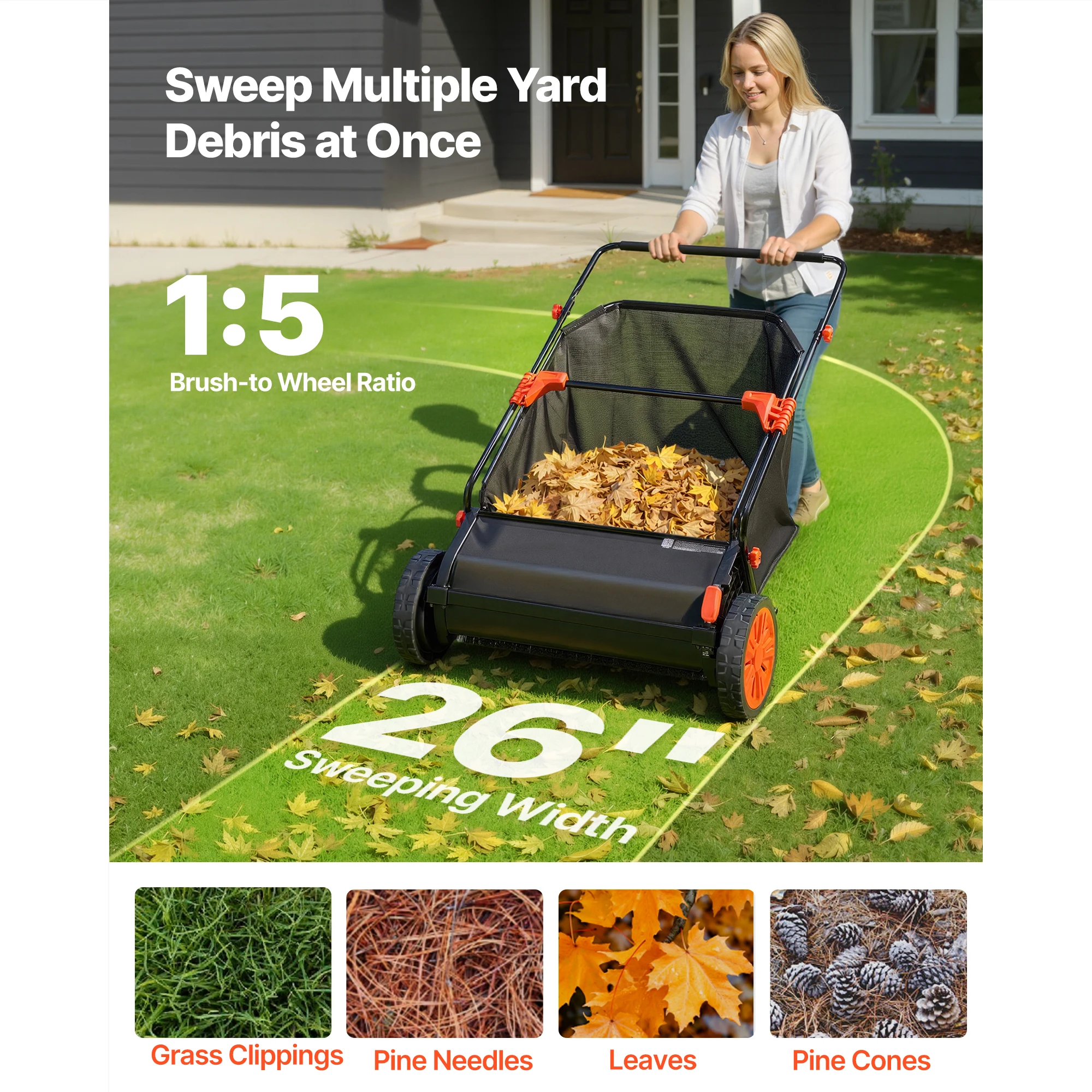 Push Lawn Sweeper, 26 in Leaf & Grass Collector with 7 cu. ft. Hopper Bag, Adjustable Brush Height & Spinning Brushes, Heavy-Duty Yard Sweeper with Rubber Wheels for Leaves Grass Cleanup