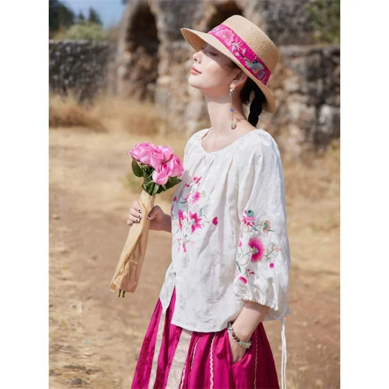 Style chinois fleur broderie chemise femmes été printemps coton lin Blouses ample à lacets gland Boho Blouse hauts courts