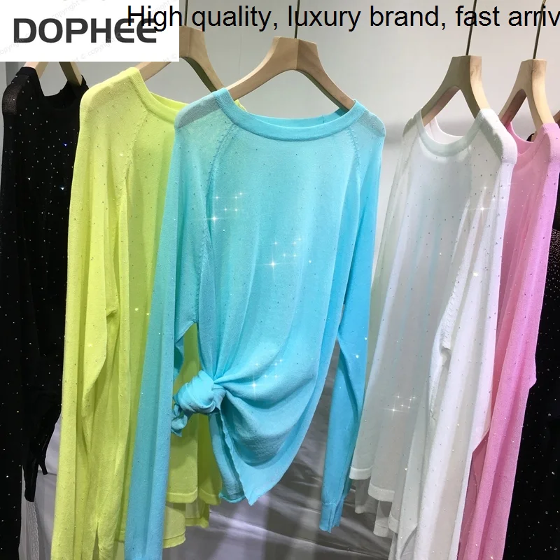 Drilling Sparkling Hot Women Knitted Shirt Thin Breathable Ice Silk Mid-long Long-sleeved Oversize Pullover Top Loose T-shirts