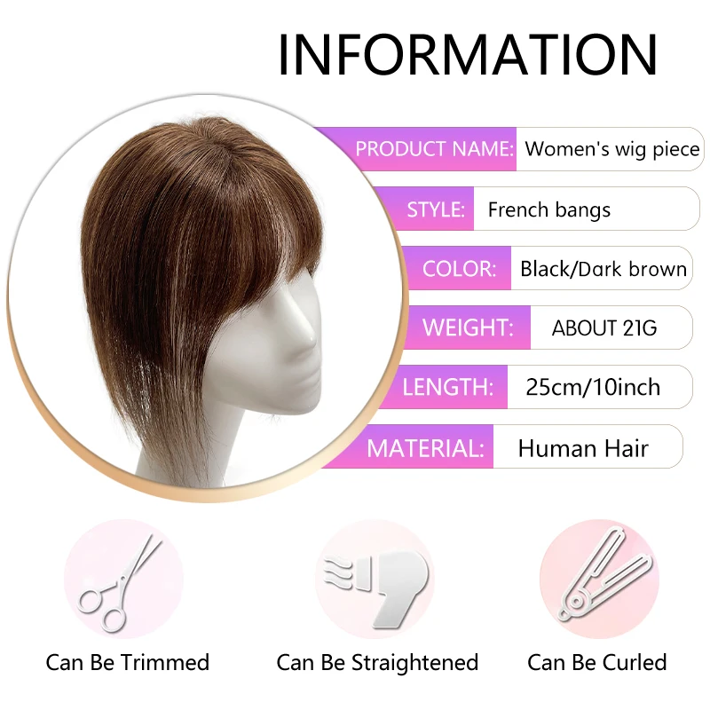 25cm 100% Human Hair 9*10cm Hairnet Black Dark Brown Clip in Hair Topper Extension with Bangs Top Wig Piece
