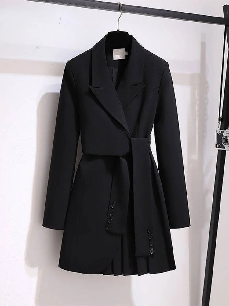 Spring Blazers for Women 2024 New In Korean Elegant Office Lady Long Sleeve Tops Female Slim Black Jacket Pleated Coat Dress