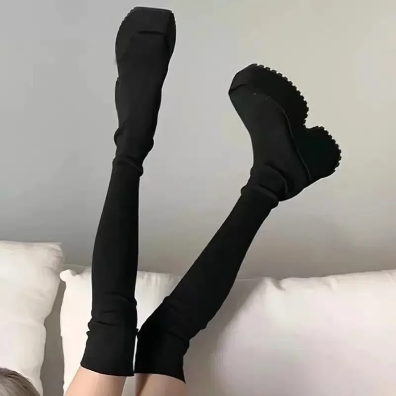 Ladies Shoes Fashion Sleeve Women's Boots Autumn Round Toe Suede Solid High Tube Over The Knee Platform Chunky Heels Socks Boots