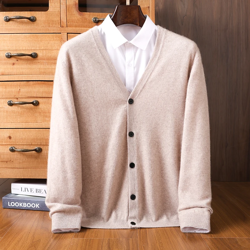 

Autumn Winter 100% Pure Cashmere Men's V-Neck Cardigan Knitted Button Sweater Solid Color Thickened Warm Coat Knitwear