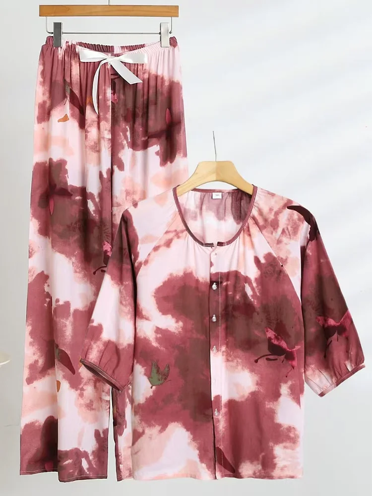 

Summer Thin f Sve Silk Button Set Women's Home Clothes Two-Piece Set Mid-aged And ly plus Size Spwear