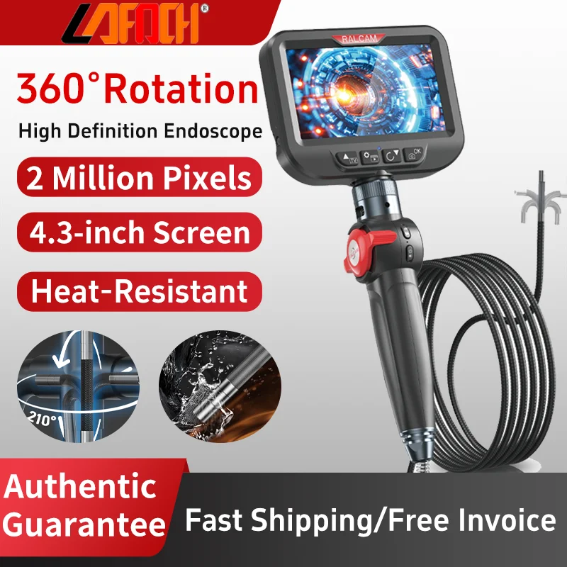 Boreskop Artikulasi Dua Arah RALCAM, Kamera Inspeksi Endoskop dengan Lampu, Lensa 6.2mm untuk Mekanik Otomotif dan Rumah Tangga