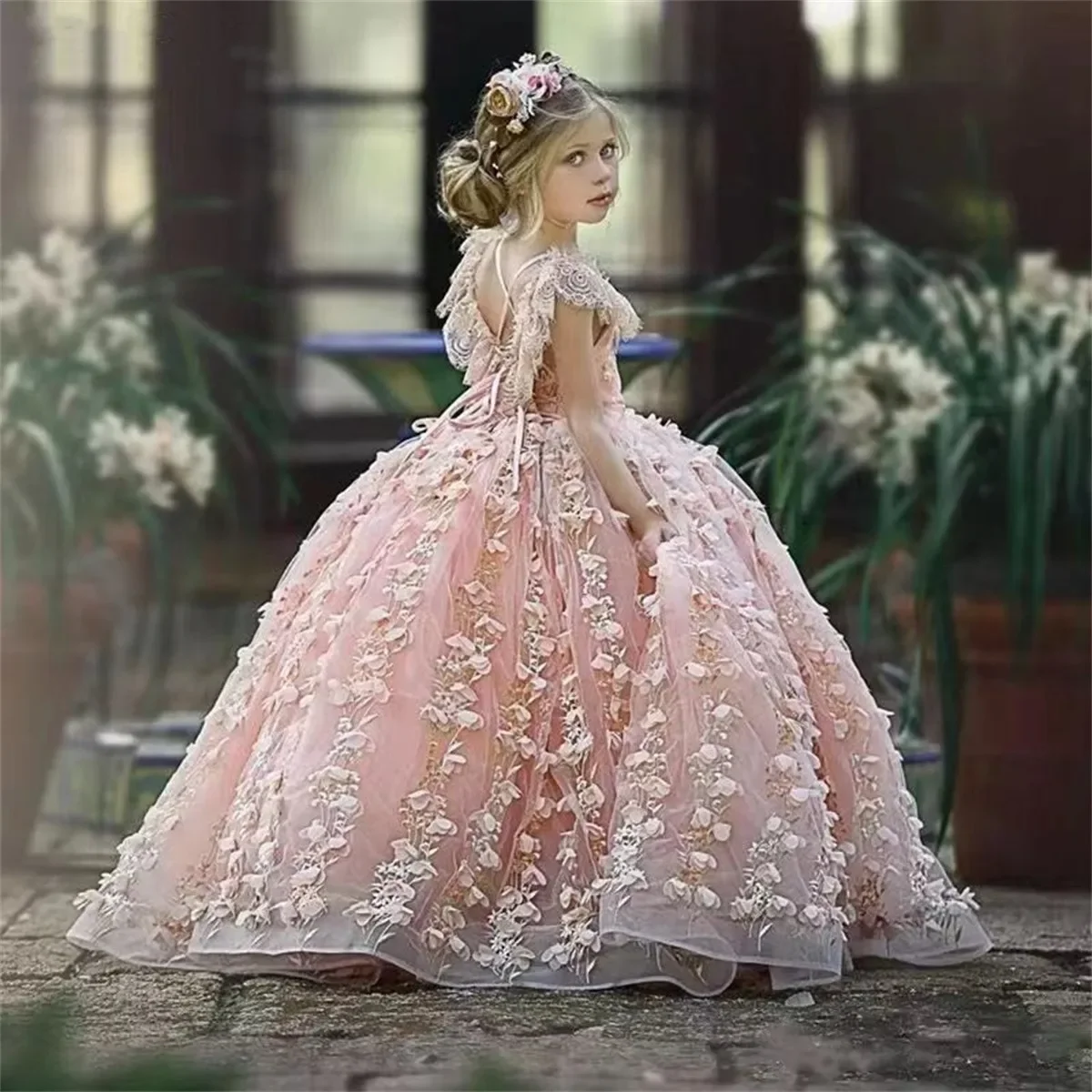 Exquisite Pink Ball Gown Flower Girls Dress For Wedding 3d Floral Appliques Toddler Pageant Sleeveless First Communion Gown