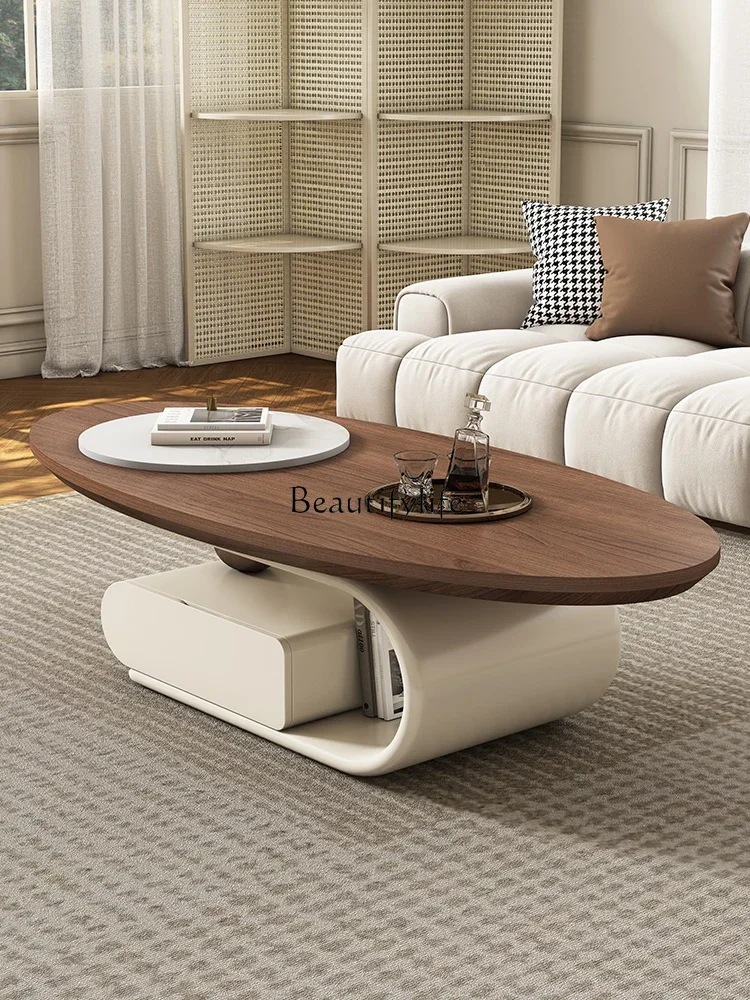 

04ld14 Vintage Style Coffee Table for Living Room, Simple Walnut Color Solid Wood Oval Shape, Cream Style, Light Luxury