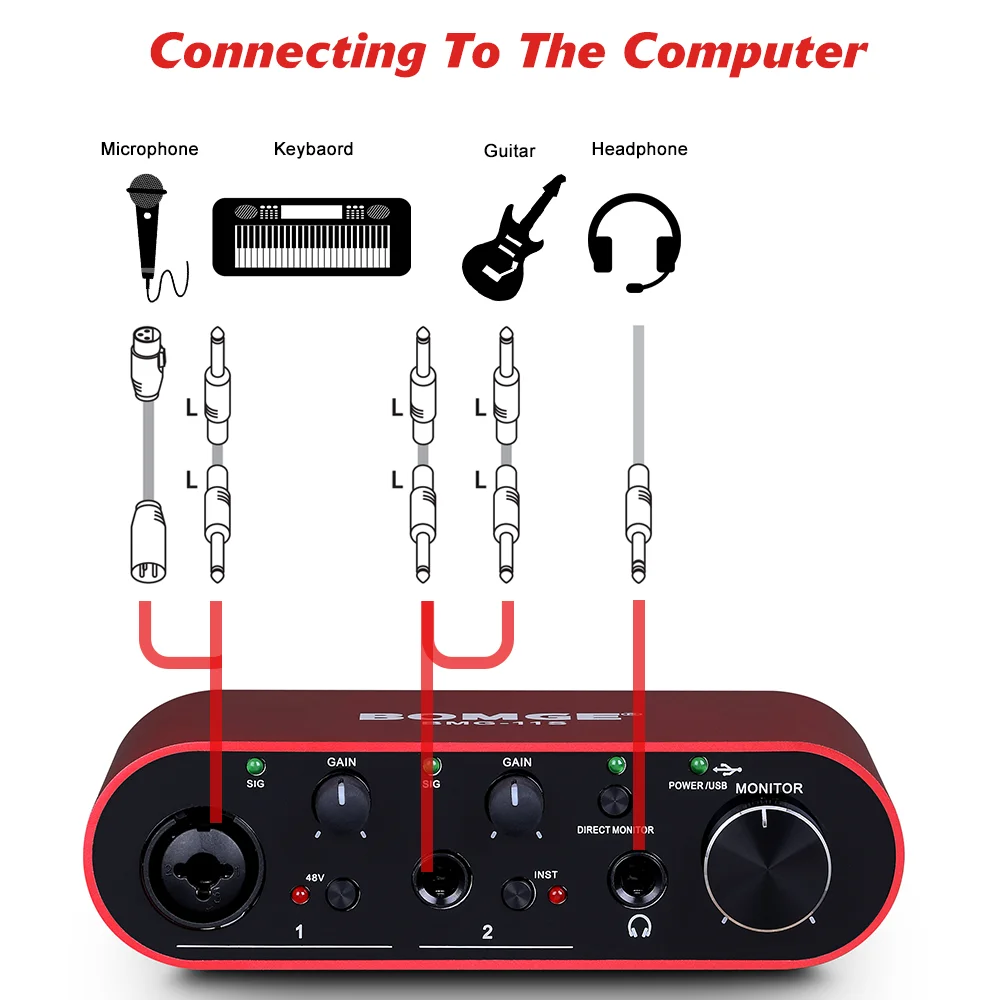 BOMGE BMG-11S Audio Interface 24-bit/192kHz Professional Sound Card And Monitor Headphones Amplifier Are Used For Live Recording