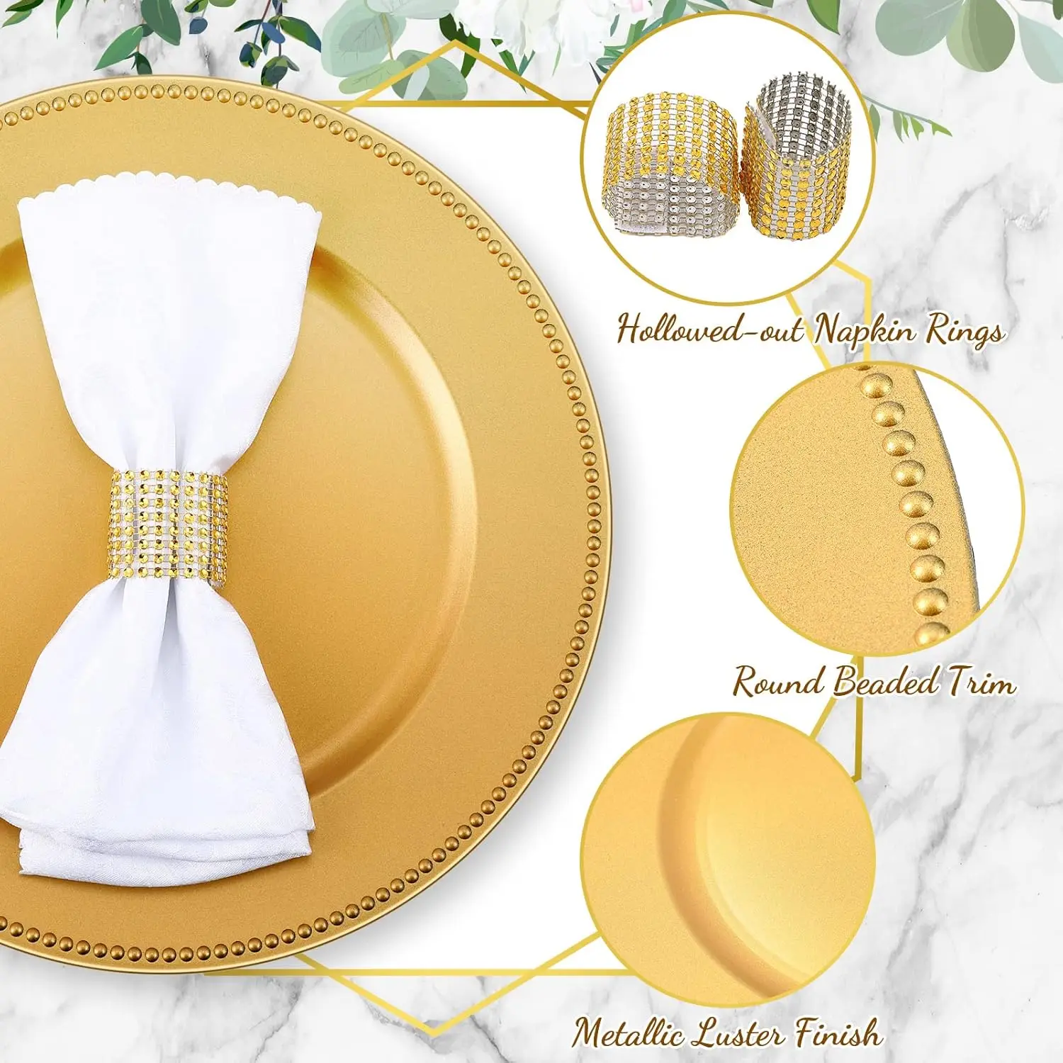 100 Pcs Charger Plates Bulk with Napkin Rings Set Include 50 Beaded Plate Chargers y(Gold)