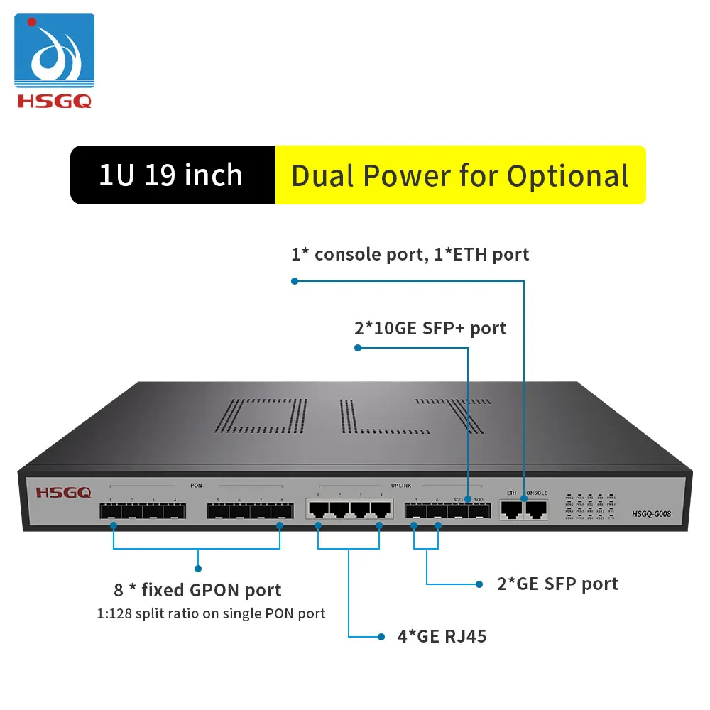 HSGQ-G008 20KM 10GE Uplink 8 port GPON OLT Price With Web Nms Telnet Cli Management fiberhome olt