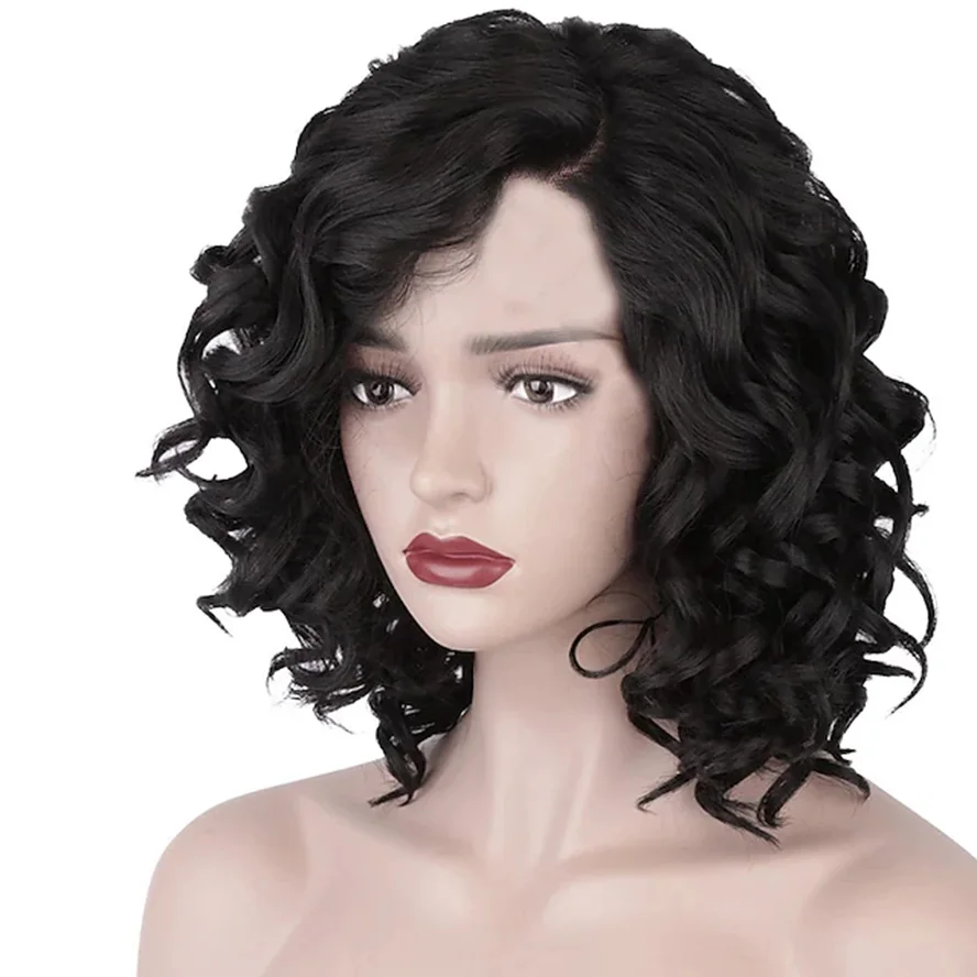 Synthetic Wig Short Afro Curly Asymmetrical Machine Made Wig Short Black Synthetic Hair 11 inch for Women