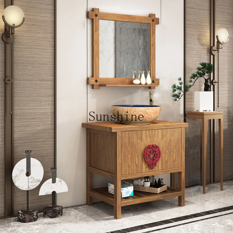 

Chinese washbasin cabinet combination bathroom washtable solid wood combination floor-to-ceiling small apartment