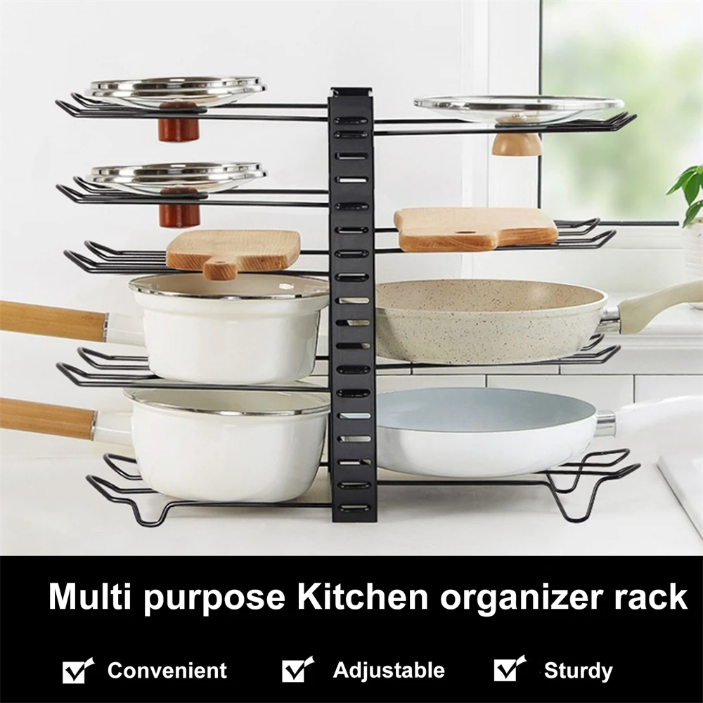 8 Tiers Pan Pot Organizer Rack Multi-layer Iron Wire Bilateral Pot Adjustable Cabinet Pots Lids Storage Rack Kitchen Tool