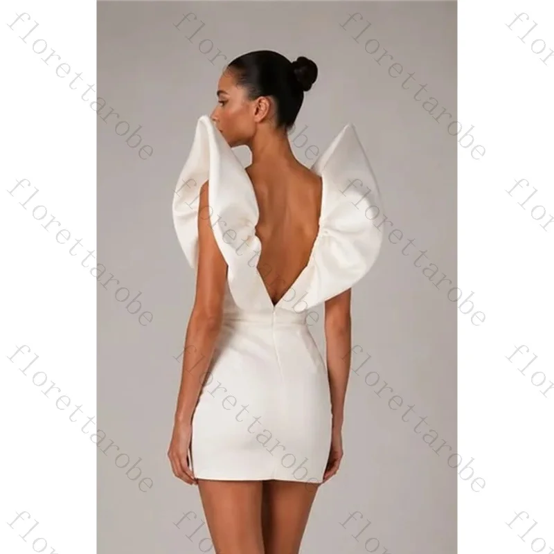Customized Deep V Neck Mini Wedding Dress Oversized Ruffle Shoulder Satin Fitted Sheath Skirt Deep Back Zipper Bridal Gown