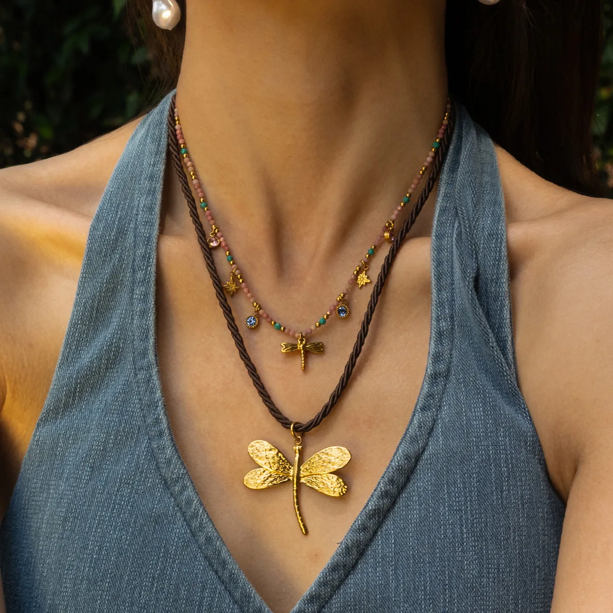 Rope braided dragonfly flower starfish necklaces for women stainless steel necklaces summer holiday outer banks jewelry