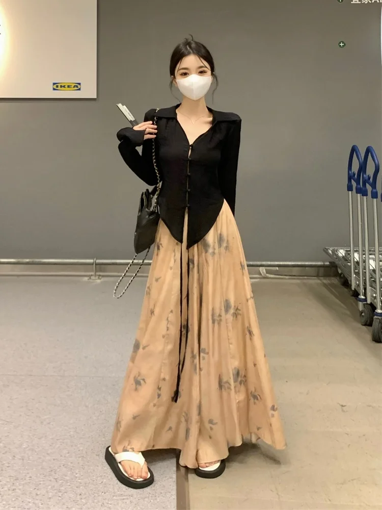 

New Chinese Style Floral Print High Waist Wide Leg Pants Women's Summer Thin Casual Skirt Pants Drapey Long Trousers