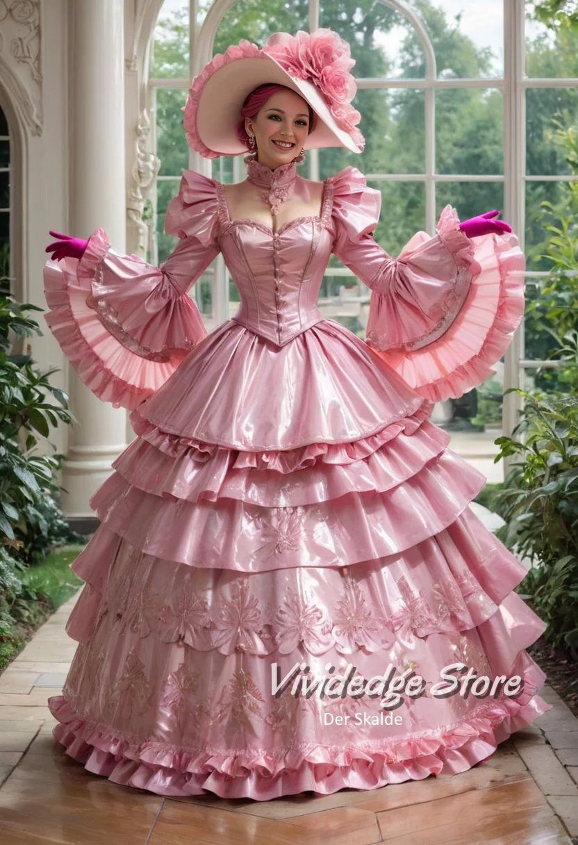

Customized Pink Puffy Victorian Vintage Prom Dresses Vintage Corset Cascading Ruffle Long Flared Sleeves Southern American Civil