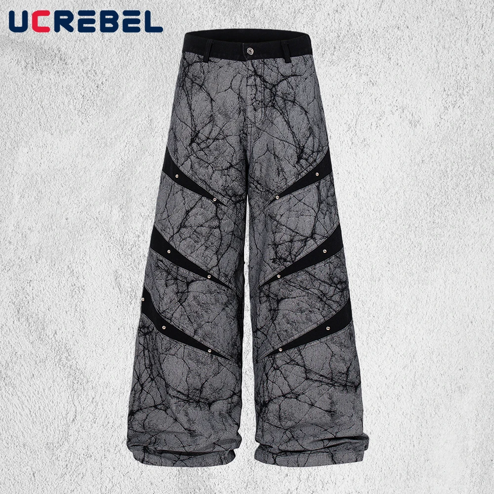 Crack Spliced Jeans Mens with Rivets Retro High Street Straight Washed Distressed Baggy Wide Leg Denim Pants Man