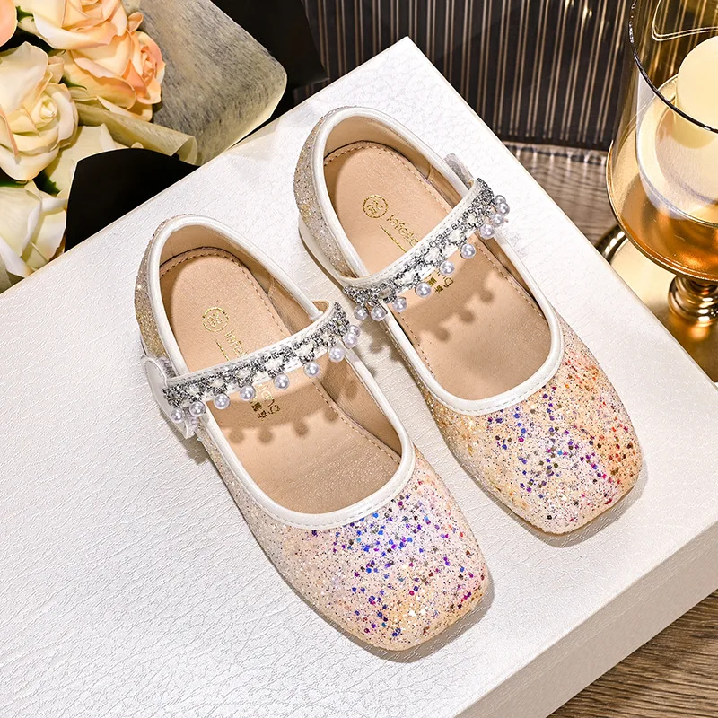 Girls Sweet Glitter Shoes 2026 New Pearl Crystal Mary Janes Pink Princess Heels for Dance Party Pageant Student Shoes​