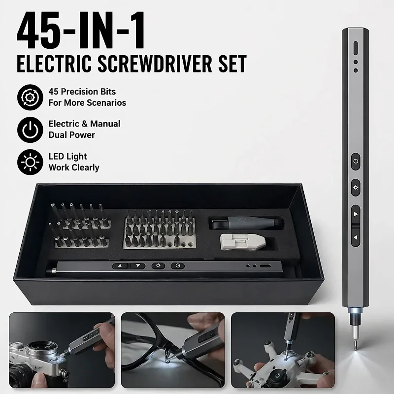 45 IN 1 Precision Electric Screwdriver Set Built-in LED Fill Light Rechargeable Mini Power Screwdriver Kit S2 Steel Bits