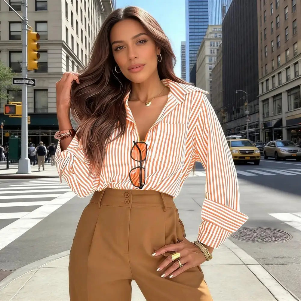 

Fashion Casual Striped Print Shirt For Women Elegant Lapel Single Breasted Long Sleeve Shirt Spring Summer 2025 New Women Blouse