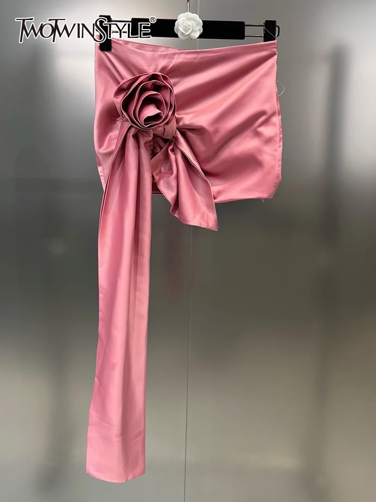 

TWOTWINSTYLE Satin Bodycon Mini Skirts For Women High Waist Solid Spliced Floral Irregular Skirt Female Summer Clothing Style