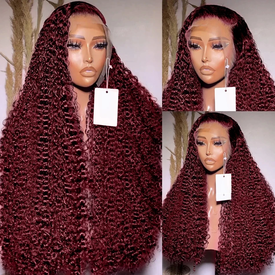 Side Part Burgundy 99J Kinky Curly Lace Front Wig For Women Synthetic Hair Wigs Glueless Soft 180%Density Preplucked Cosplay