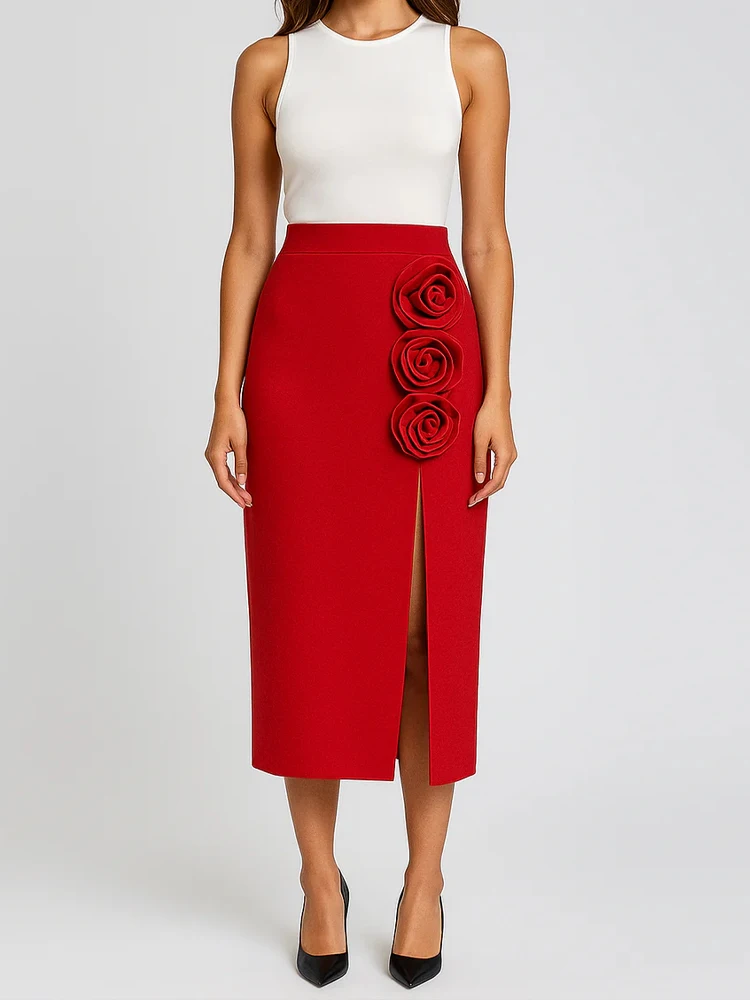 

Red Knit Midi Skirt with High Slit & 3D Floral Appliqués – Elegant Bandage Bodycon Skirt