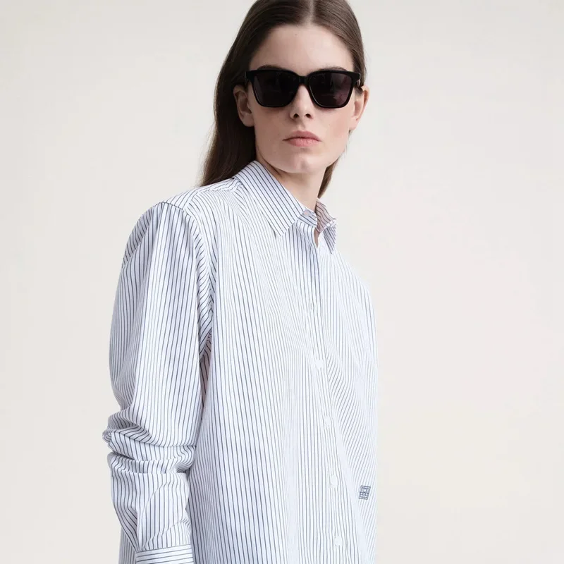 TT @-Vertical Stripe Shirt for Women, Loose Flip Collar, Long Sleeve, Leisure Commuter, Spring, Summer, New, 2024