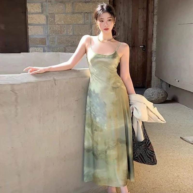 

Fashionable Printed Camisole Long Skirt New Style With Retro Inner Layer