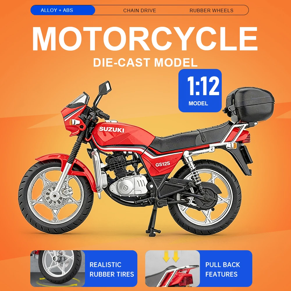

Мотоцикл 1:12 SUZUKI GS125 Honda Monkey, модель игрушечного мотоцикла из сплава, с амортизацией, передним рулевым управлением, для детей