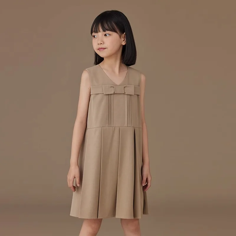 Childern Bow-tie Spring and Autumn Girls Clothes Sleeveless Dress Pleated Skirt With Back Strap Skirt Girl Outfits Leisure Dress