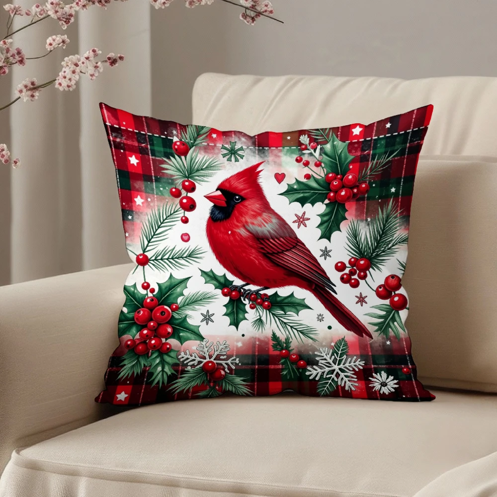 Square Throw Pillow Cover Red Plaid Christmas Cardinal Bird Holly Berry Snowflake Print For Living Room Sofa Bedroom Holiday