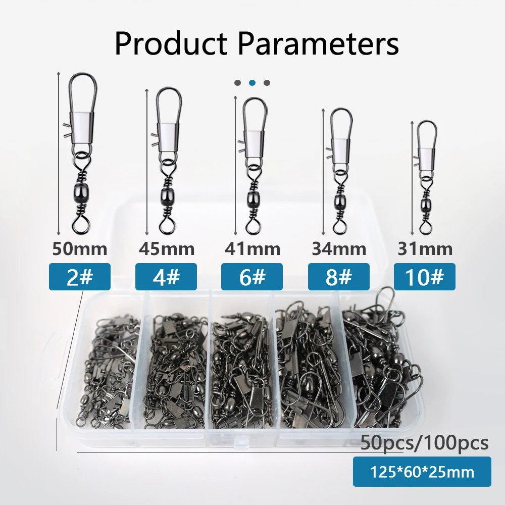 50/100/200Pcs Stainless Steel Fishing Bearing Rolling Swivel with Snap Fishhook Lure B-type Pin Connector with Octagonal Ring