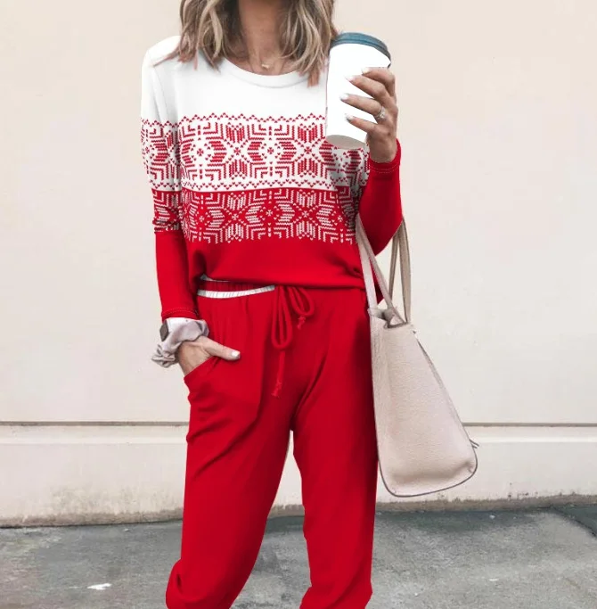 Women's Christmas Suits 2025 Autumn Winter Latest Casual Christmas Round Neck Top+High Waisted Pants Two-Piece Set 2-Piece Set