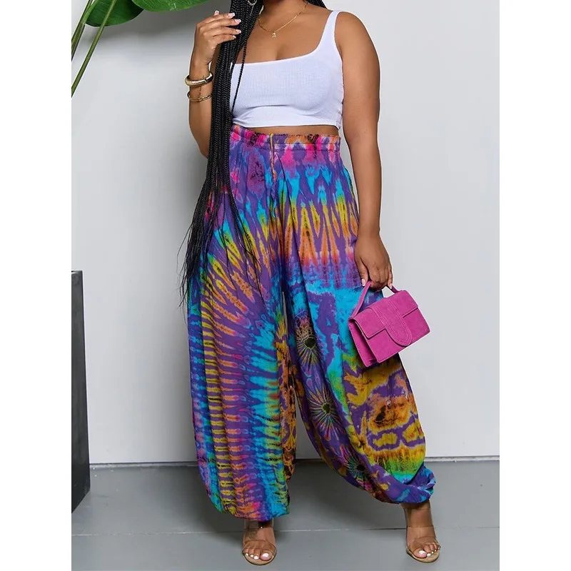 ティナ・ヒッピー タイダイ柄 ハーレムパンツ レディース 2026 レトロ ボヘミアンスタイル ハイウエスト バギー ランタンレッグ 音楽フェスティバルパンツ 159642