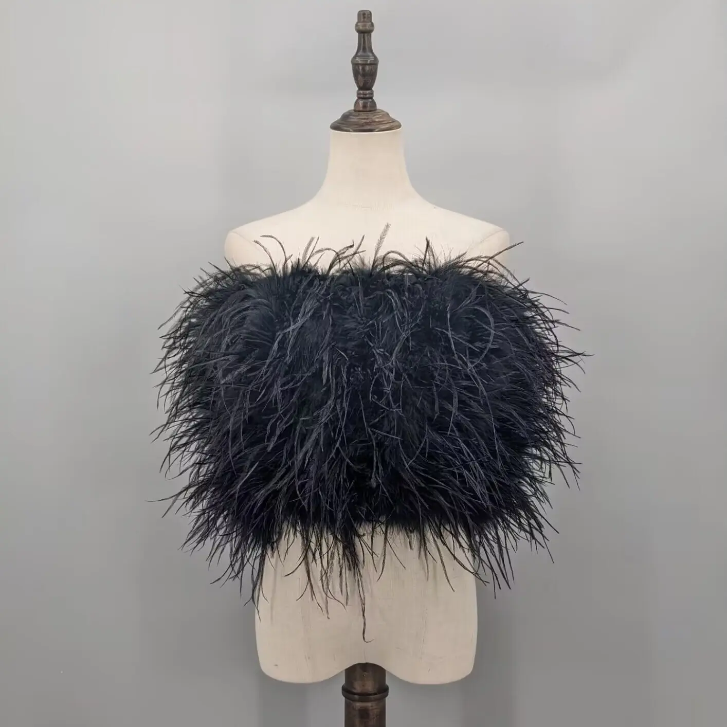 Women Black Real Ostrich Feather Strapless Tube Top Off Shoulder Fluffy Crop Bustier Wedding Party Banquet Club Top 21A0701