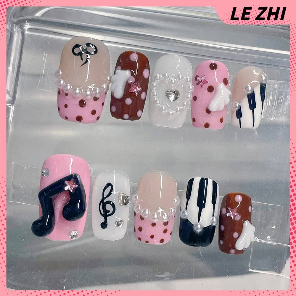 

Sweet Lovely Animal Flower Pearl Diamond Handmade Press On Nails Musical Notes Wings Polka Point Bowknot Reusable Fake Nails