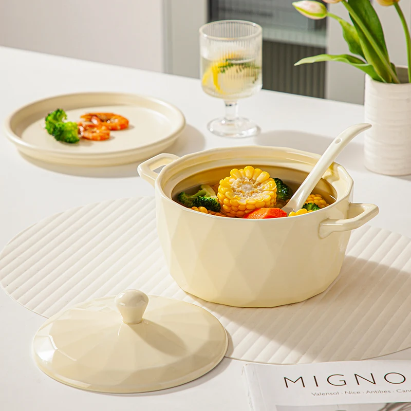 1500 مللي غطاء أطباق سيراميك المنزلية الجديدة كريم الرياح طباعة عالية الجمالية أدوات المائدة الطعام الطفل الكبار الصلبة مقبض وعاء الحساء